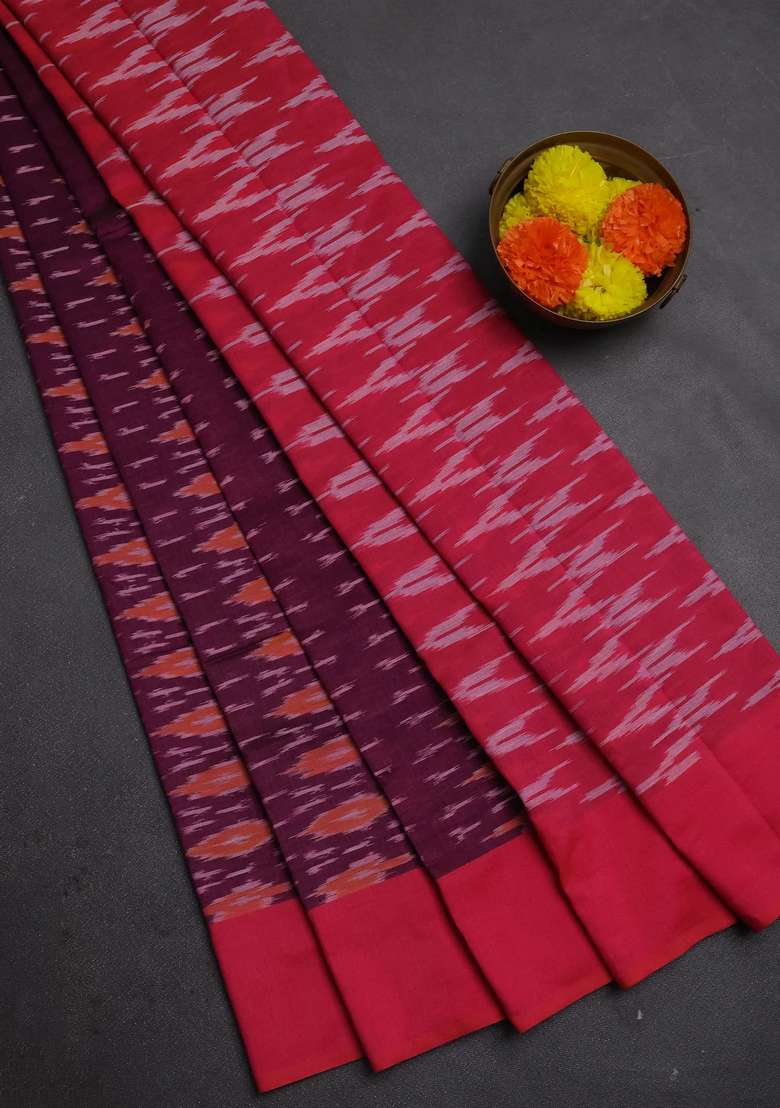 Ikat Cotton Saree Wine Shade And Pink With Allover Ikat Weaves And Simple Border With Traditional Woven Design For Women - Indya