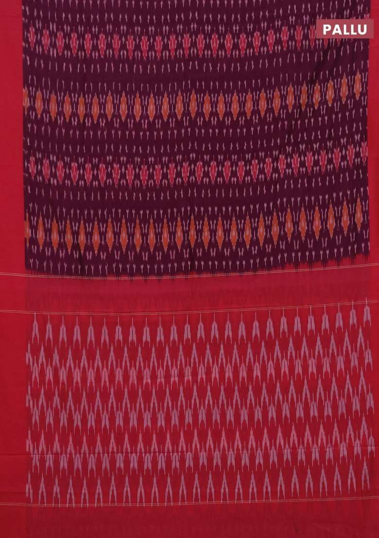 Ikat Cotton Saree Wine Shade And Pink With Allover Ikat Weaves And Simple Border With Traditional Woven Design For Women - Indya