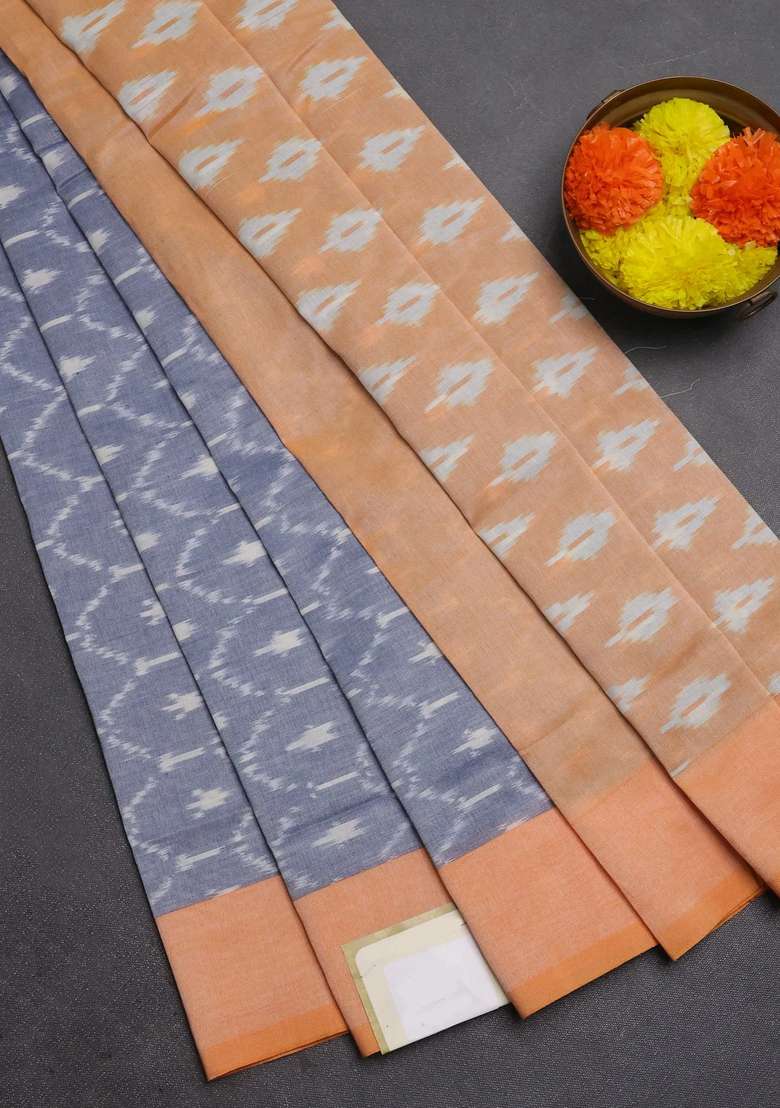 Ikat Cotton Saree Grey And Pale Orange With Allover Ikat Weaves And Simple Border With Traditional Woven Design For Women - Indya