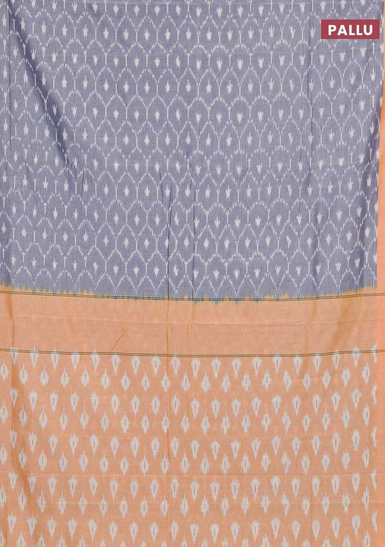 Ikat Cotton Saree Grey And Pale Orange With Allover Ikat Weaves And Simple Border With Traditional Woven Design For Women - Indya