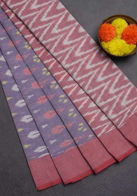 Ikat Cotton Saree Pastel Violet And Maroon With Allover Ikat Weaves And Rettapet Ikat Border With Traditional Woven Design For Women