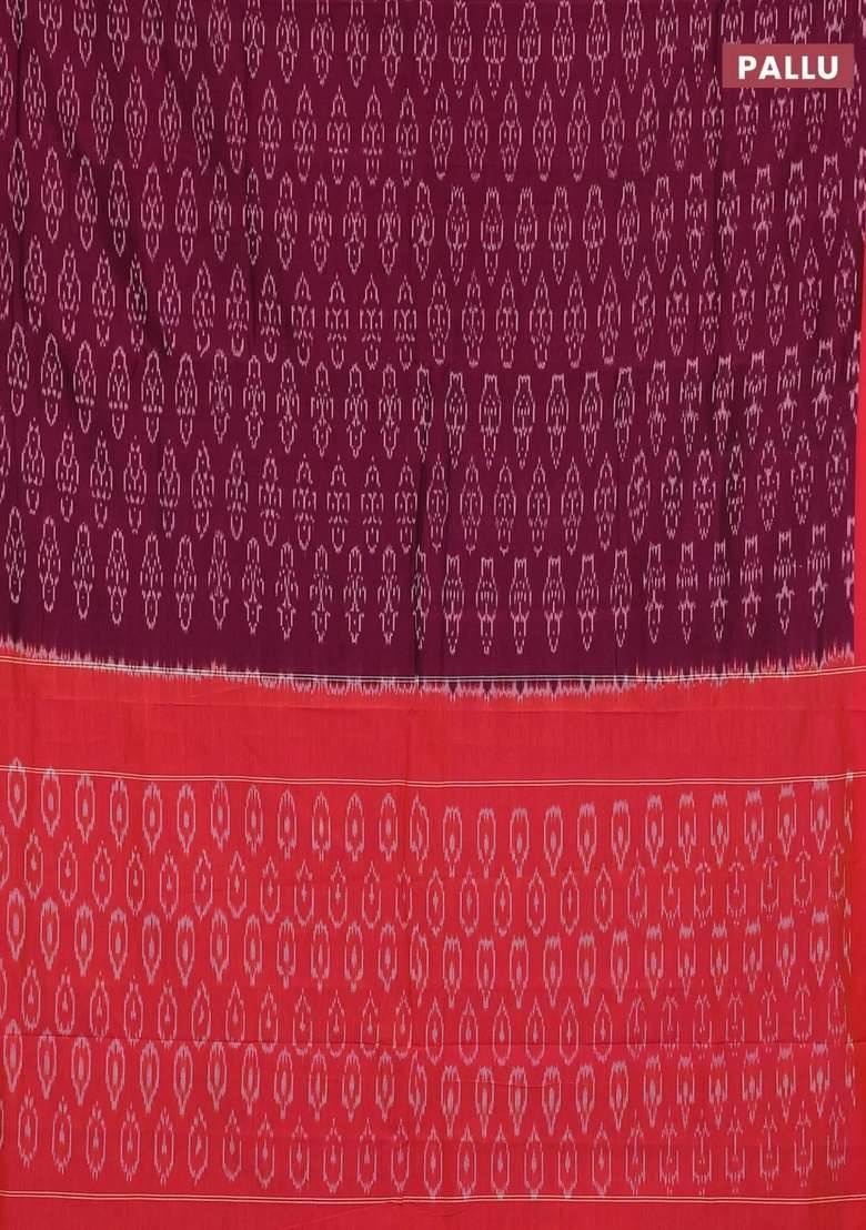 Ikat Cotton Saree Wine Shade And Red With Allover Ikat Weaves And Simple Border With Traditional Woven Design For Women - Indya