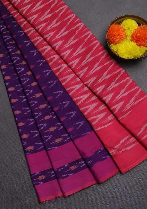 Ikat Cotton Saree Violet And Pink With Allover Ikat Weaves And Rettapet Ikat Border With Traditional Woven Design For Women