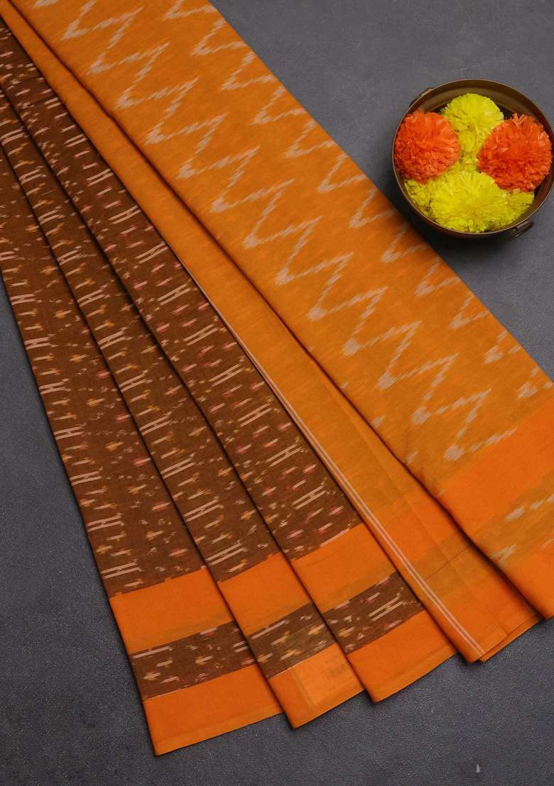 Ikat Cotton Saree Dark Mustard And Mustard Yellow With Allover Ikat Weaves And Rettapet Ikat Border With Traditional Woven Design For Women - Indya