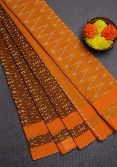 Ikat Cotton Saree Dark Mustard And Mustard Yellow With Allover Ikat Weaves And Rettapet Ikat Border With Traditional Woven Design For Women