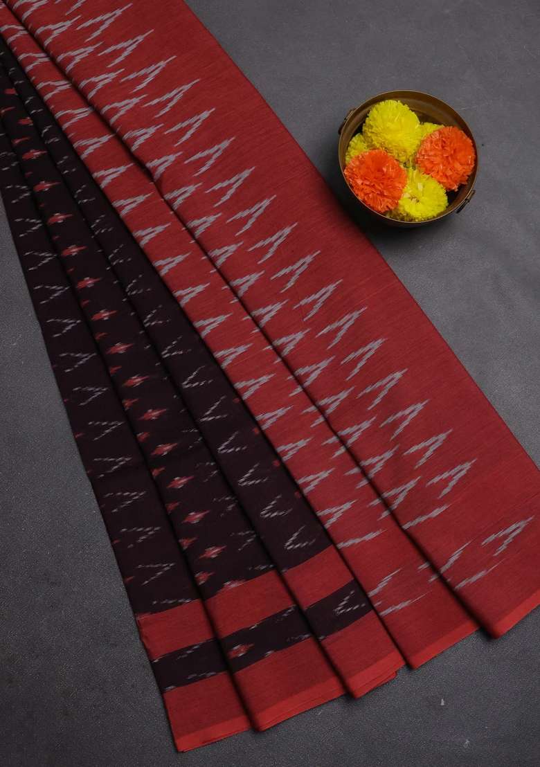 Ikat Cotton Saree Coffee Brown And Red With Allover Ikat Weaves And Rettapet Ikat Woven Border With Traditional Woven Design For Women - Indya