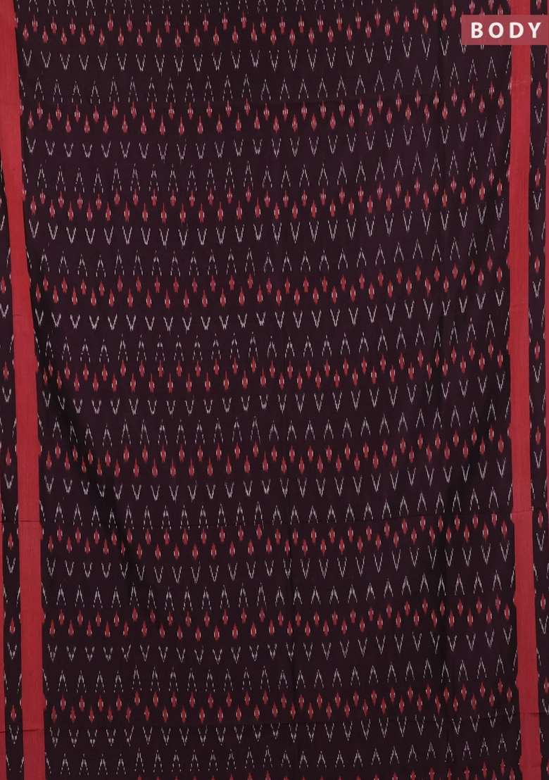 Ikat Cotton Saree Coffee Brown And Red With Allover Ikat Weaves And Rettapet Ikat Woven Border With Traditional Woven Design For Women - Indya