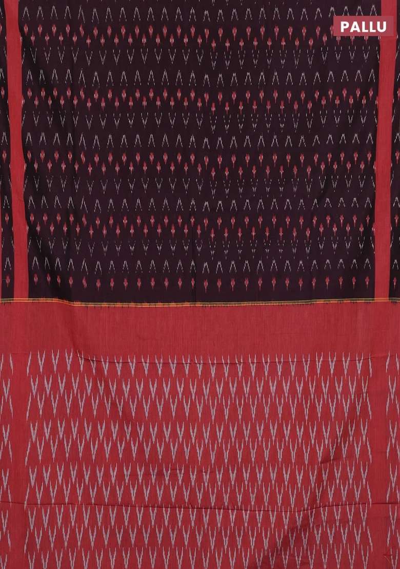 Ikat Cotton Saree Coffee Brown And Red With Allover Ikat Weaves And Rettapet Ikat Woven Border With Traditional Woven Design For Women - Indya
