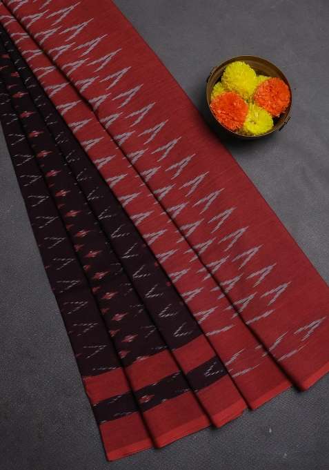 Ikat Cotton Saree Coffee Brown And Red With Allover Ikat Weaves And Rettapet Ikat Woven Border With Traditional Woven Design For Women