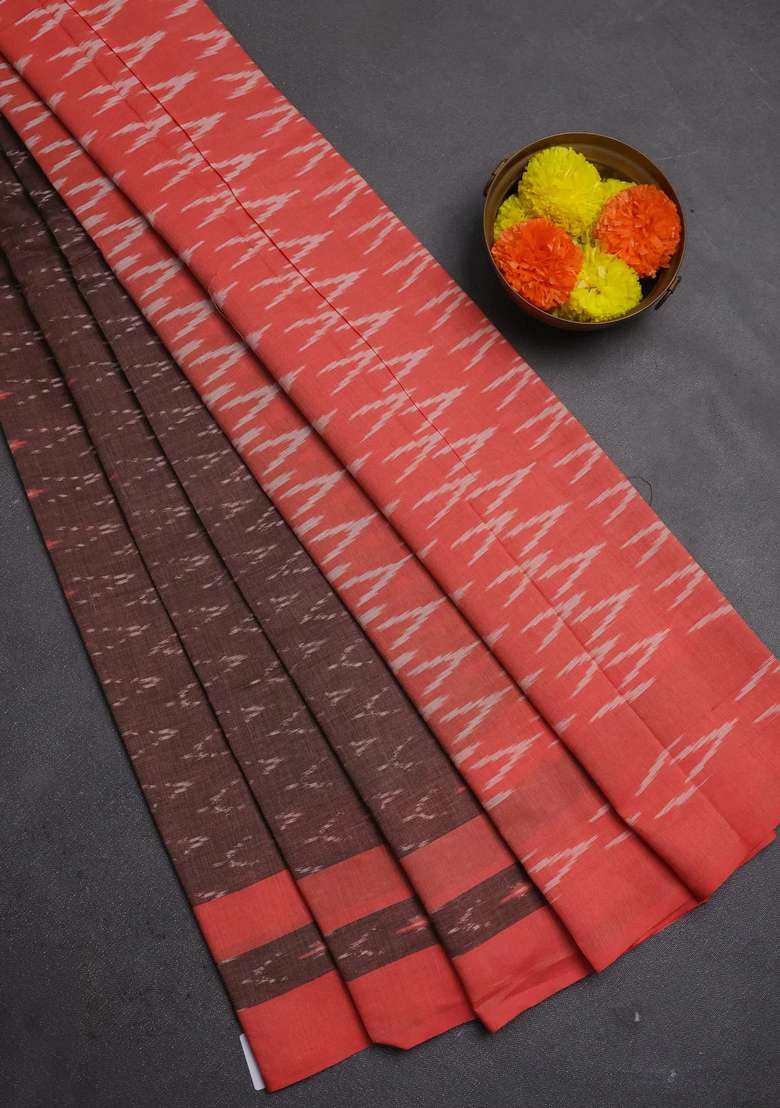 Ikat Cotton Saree Coffee Brown And Red With Allover Ikat Weaves And Rettapet Ikat Woven Border With Traditional Woven Design For Women - Indya