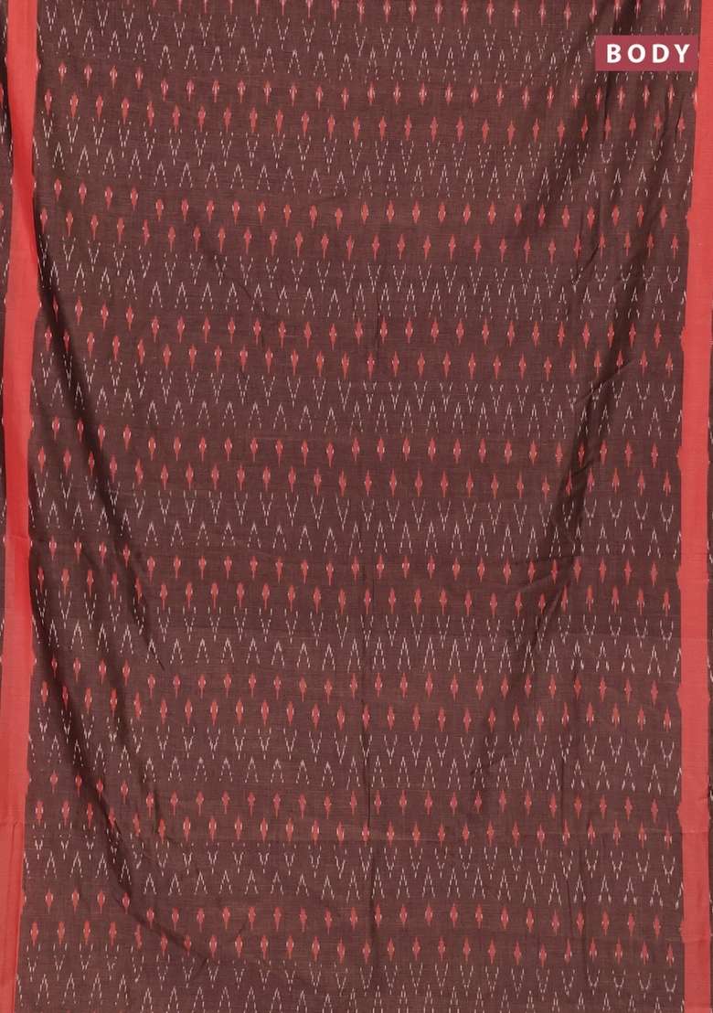 Ikat Cotton Saree Coffee Brown And Red With Allover Ikat Weaves And Rettapet Ikat Woven Border With Traditional Woven Design For Women - Indya