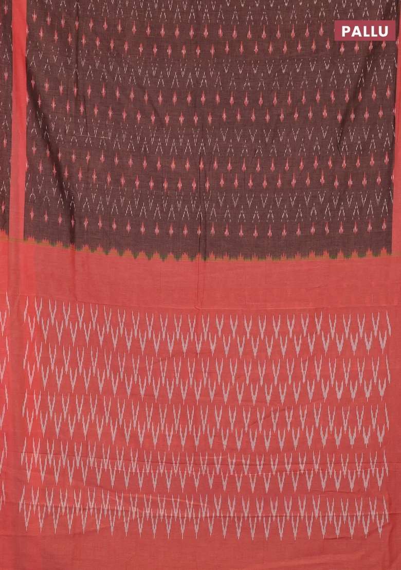 Ikat Cotton Saree Coffee Brown And Red With Allover Ikat Weaves And Rettapet Ikat Woven Border With Traditional Woven Design For Women - Indya