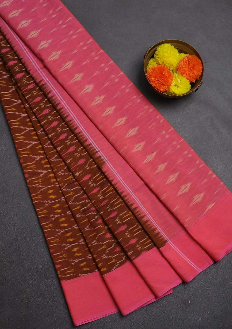 Ikat Cotton Saree Dark Mustard And Pink With Allover Ikat Weaves And Simple Border With Traditional Woven Design For Women - Indya