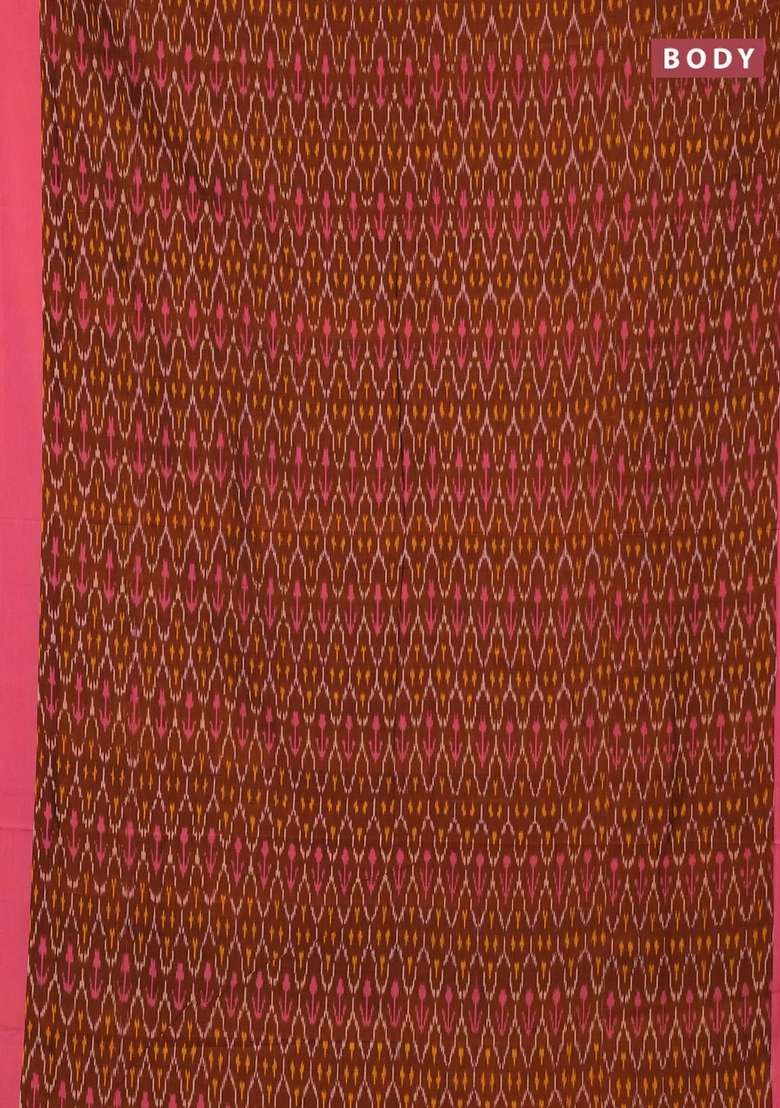 Ikat Cotton Saree Dark Mustard And Pink With Allover Ikat Weaves And Simple Border With Traditional Woven Design For Women - Indya