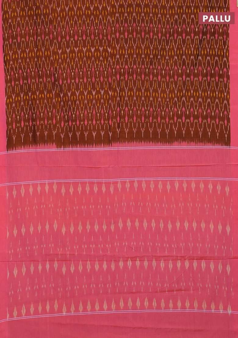 Ikat Cotton Saree Dark Mustard And Pink With Allover Ikat Weaves And Simple Border With Traditional Woven Design For Women - Indya