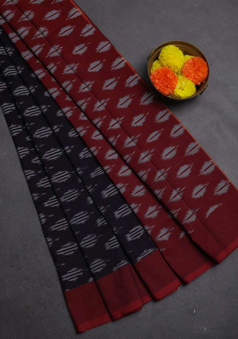 Ikat Cotton Saree Black And Maroon With Allover Ikat Woven Butta Weaves And Simple Border With Buttas And Brocade Design For Women - Indya