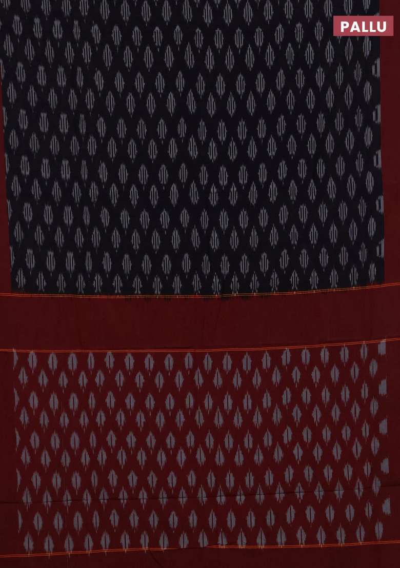 Ikat Cotton Saree Black And Maroon With Allover Ikat Woven Butta Weaves And Simple Border With Buttas And Brocade Design For Women - Indya