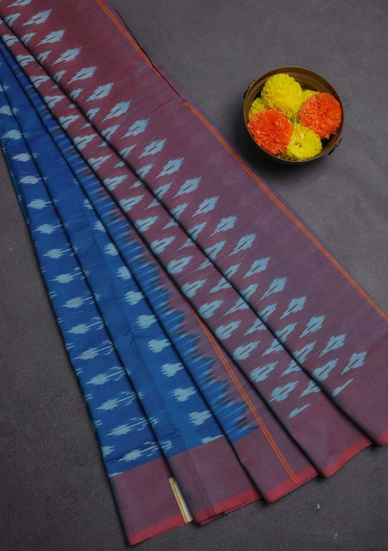 Ikat Cotton Saree Blue And Pink With Allover Ikat Woven Butta Weaves And Simple Border With Buttas And Brocade Design For Women - Indya