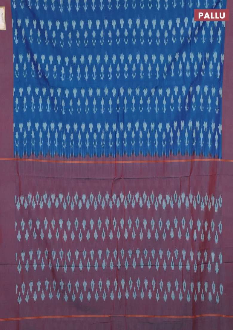 Ikat Cotton Saree Blue And Pink With Allover Ikat Woven Butta Weaves And Simple Border With Buttas And Brocade Design For Women - Indya