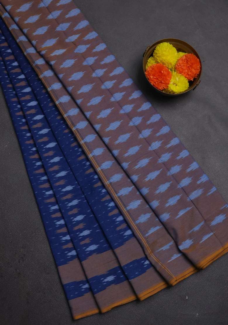 Ikat Cotton Saree Blue And Mustard Yellow With Allover Ikat Weaves And Rettapet Ikat Woven Border With Traditional Woven Design For Women - Indya