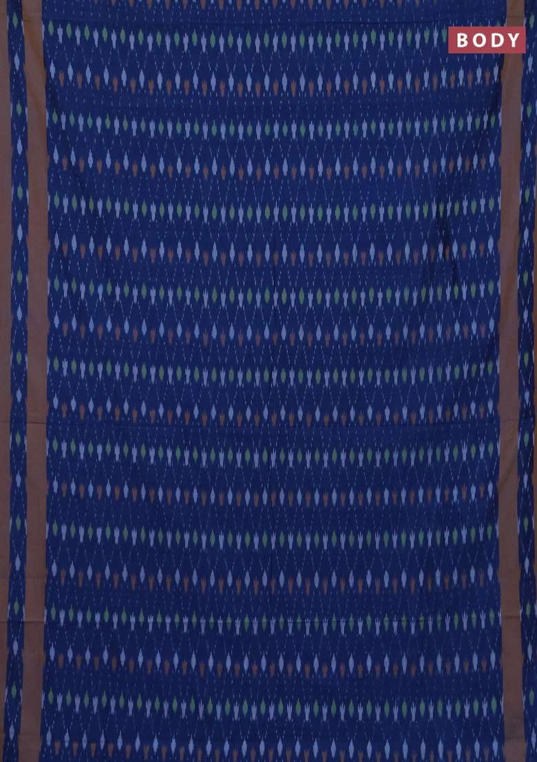 Ikat Cotton Saree Blue And Mustard Yellow With Allover Ikat Weaves And Rettapet Ikat Woven Border With Traditional Woven Design For Women - Indya