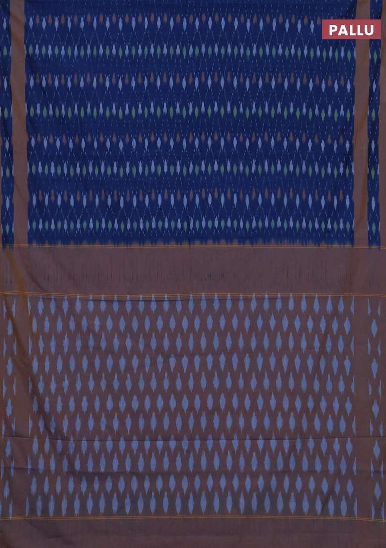 Ikat Cotton Saree Blue And Mustard Yellow With Allover Ikat Weaves And Rettapet Ikat Woven Border With Traditional Woven Design For Women - Indya