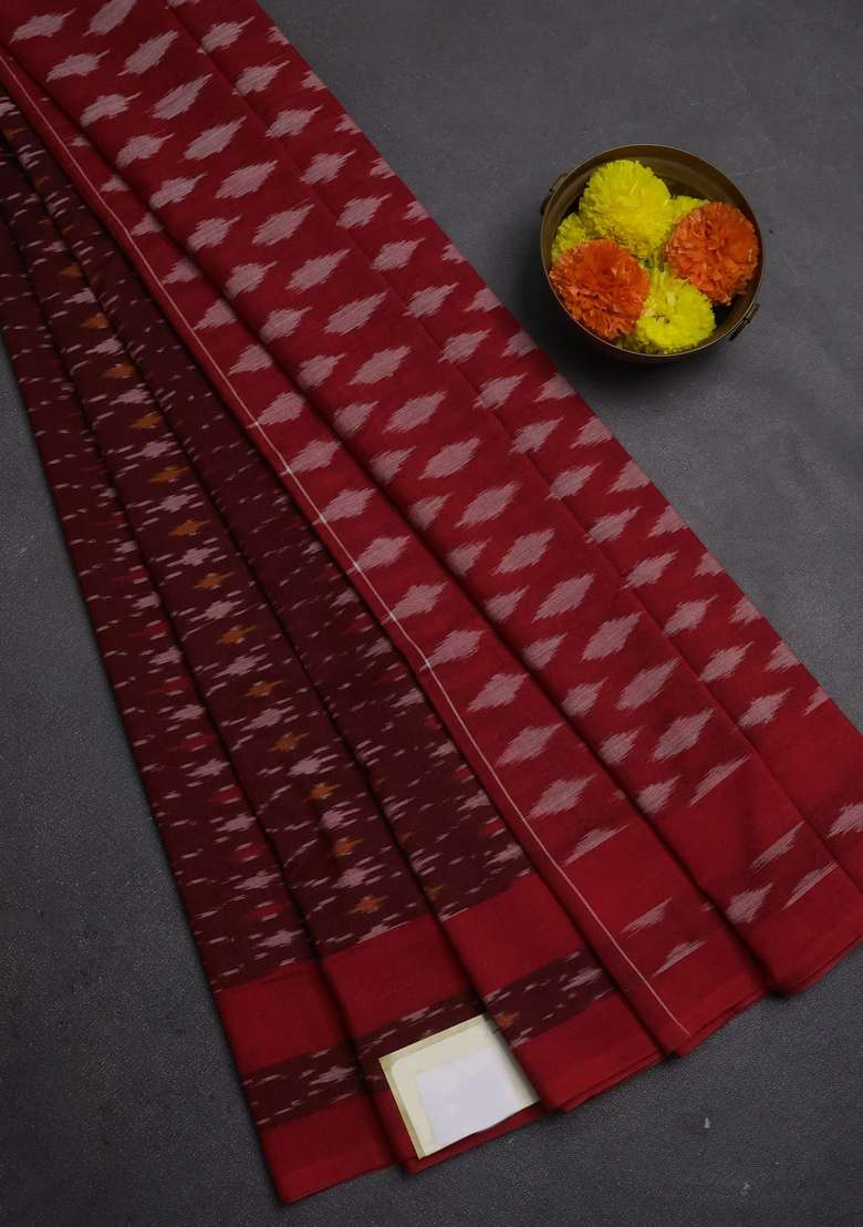 Ikat Cotton Saree Deep Wine And Red With Allover Ikat Weaves And Rettapet Ikat Woven Border With Traditional Woven Design For Women - Indya