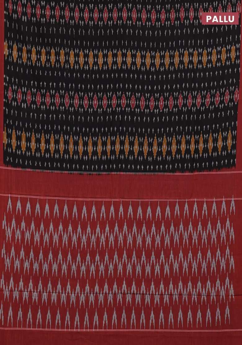 Ikat Cotton Saree Black And Maroon With Allover Ikat Weaves And Simple Border With Traditional Woven Design For Women - Indya