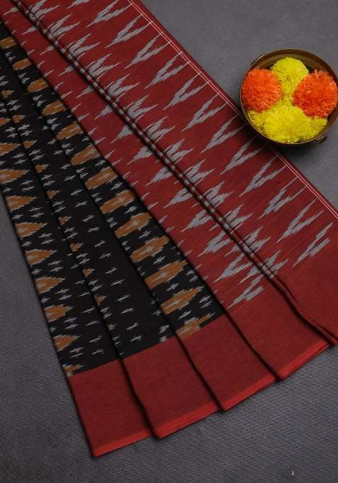 Ikat Cotton Saree Black And Maroon With Allover Ikat Weaves And Simple Border With Traditional Woven Design For Women