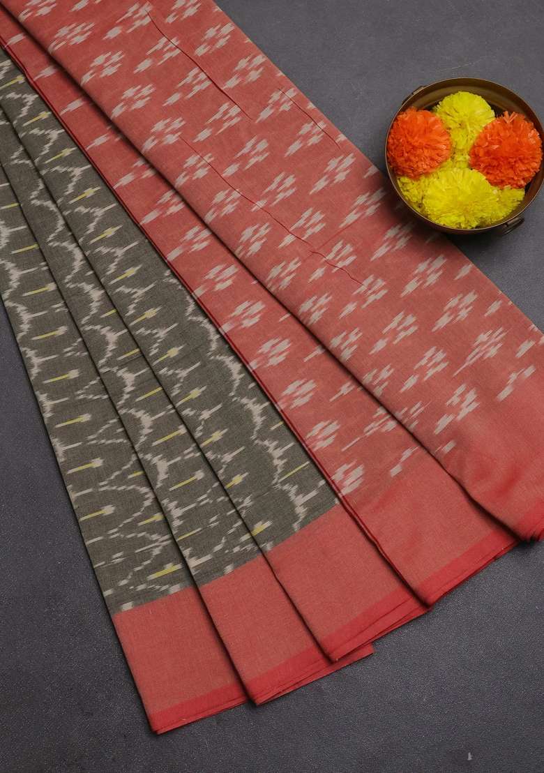 Ikat Cotton Saree Chikku Shade And Red With Alllover Ikat Weaves And Rettapet Ikat Woven Border With Traditional Woven Design For Women - Indya