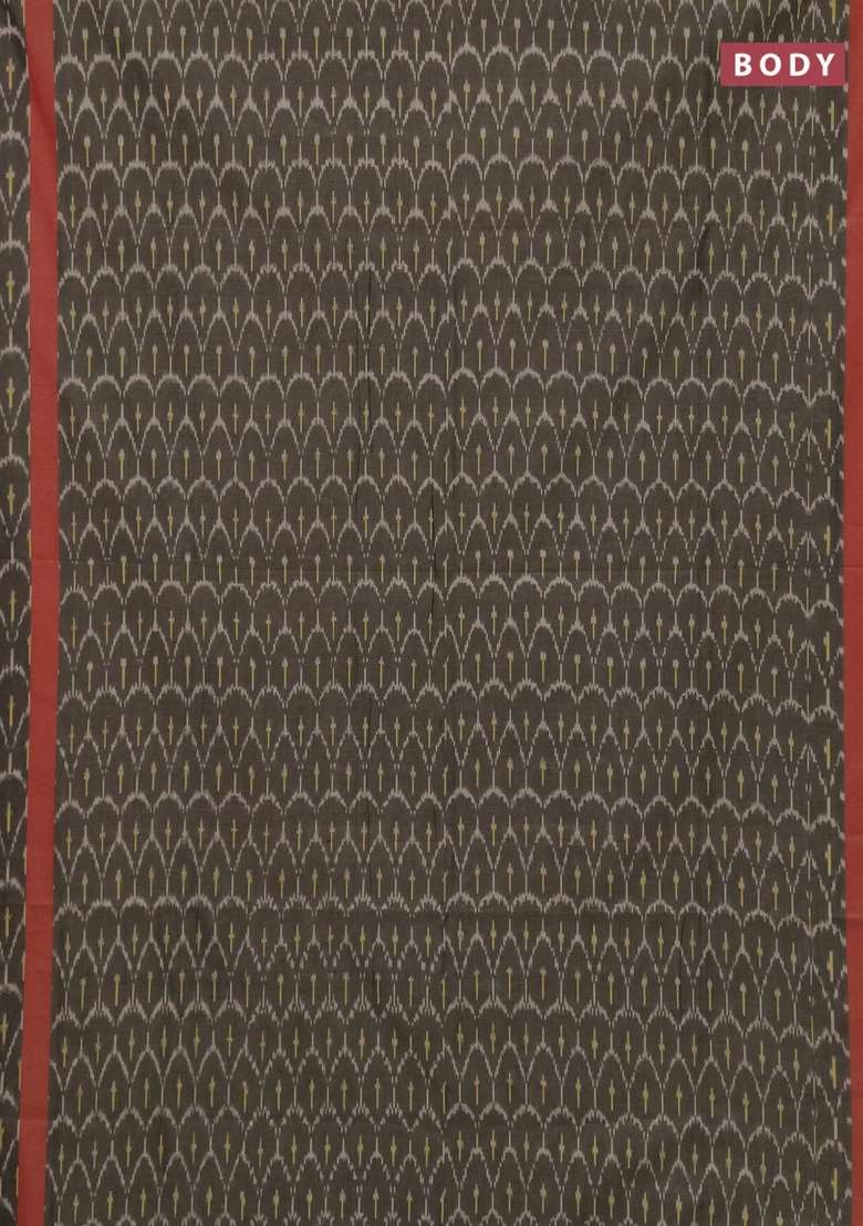 Ikat Cotton Saree Chikku Shade And Red With Alllover Ikat Weaves And Rettapet Ikat Woven Border With Traditional Woven Design For Women - Indya
