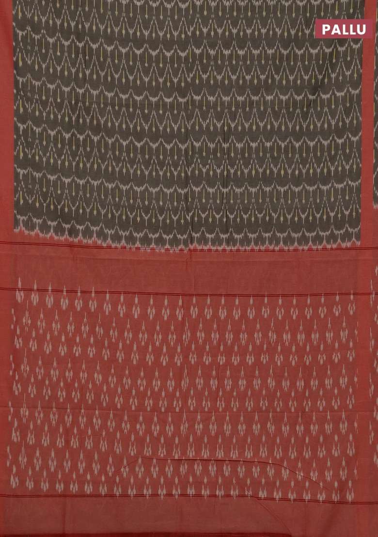 Ikat Cotton Saree Chikku Shade And Red With Alllover Ikat Weaves And Rettapet Ikat Woven Border With Traditional Woven Design For Women - Indya