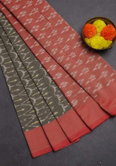 Ikat Cotton Saree Chikku Shade And Red With Alllover Ikat Weaves And Rettapet Ikat Woven Border With Traditional Woven Design For Women
