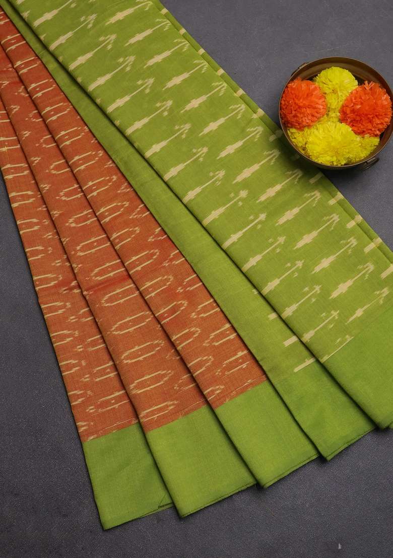 Ikat Cotton Saree Sunset Orange And Light Green With Allover Ikat Woven Butta Weaves And Simple Border With Buttas And Brocade Design For Women - Indya