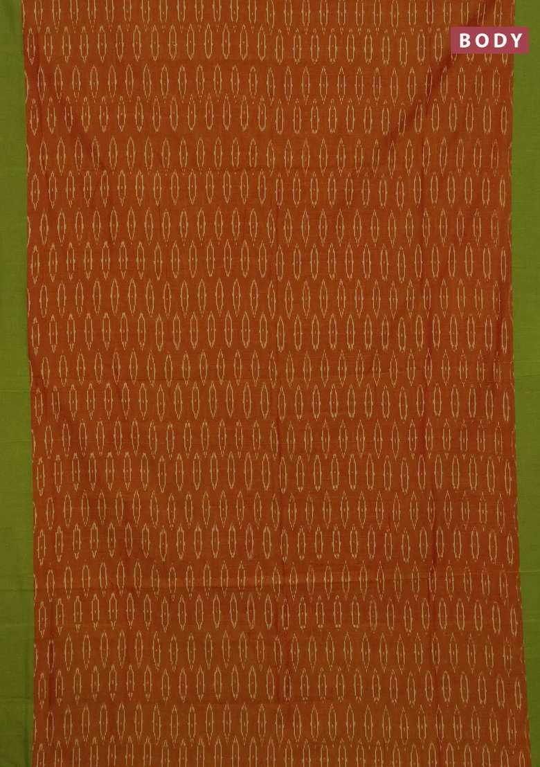 Ikat Cotton Saree Sunset Orange And Light Green With Allover Ikat Woven Butta Weaves And Simple Border With Buttas And Brocade Design For Women - Indya