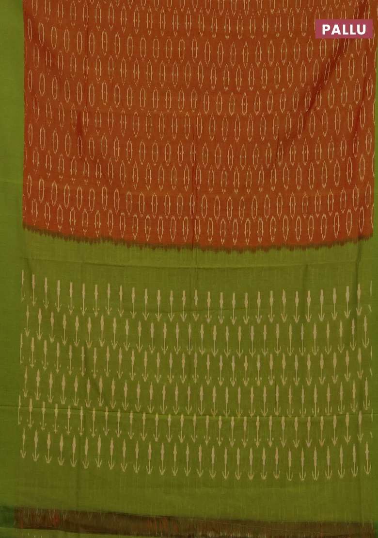 Ikat Cotton Saree Sunset Orange And Light Green With Allover Ikat Woven Butta Weaves And Simple Border With Buttas And Brocade Design For Women - Indya