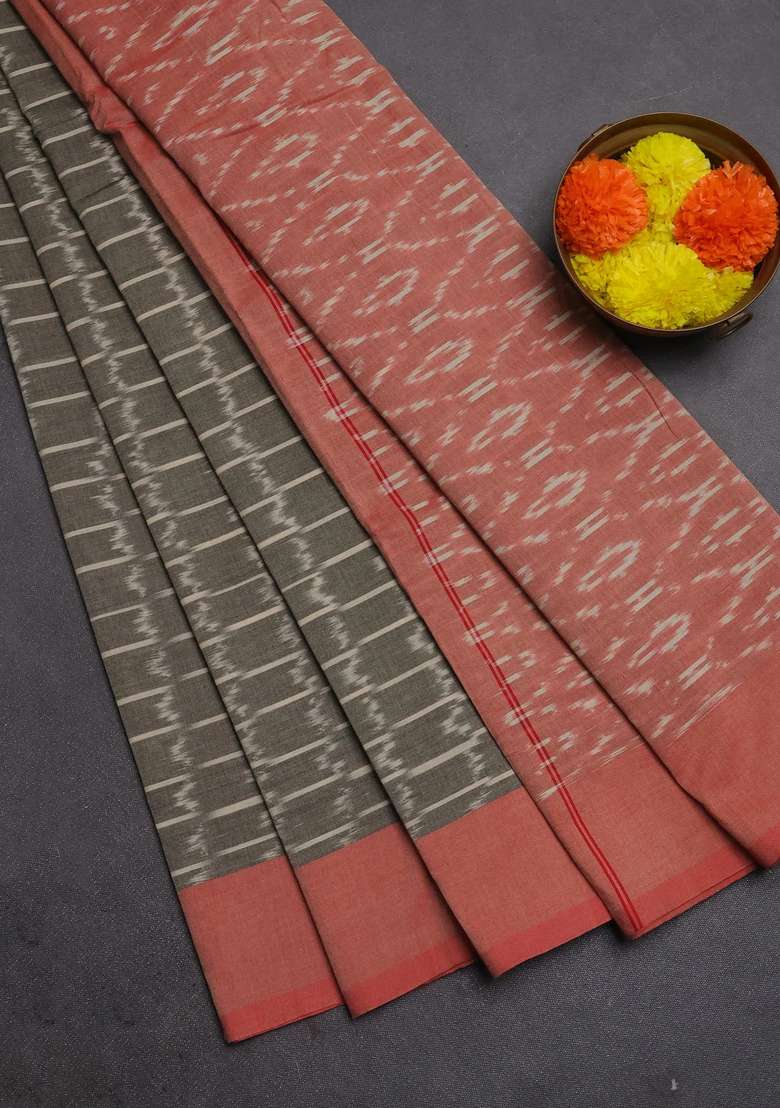 Ikat Cotton Saree Grey And Red With Allover Ikat Weaves And Simple Border With Traditional Woven Design For Women - Indya