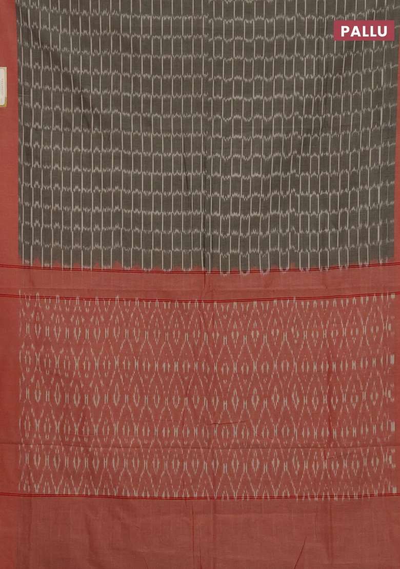 Ikat Cotton Saree Grey And Red With Allover Ikat Weaves And Simple Border With Traditional Woven Design For Women - Indya