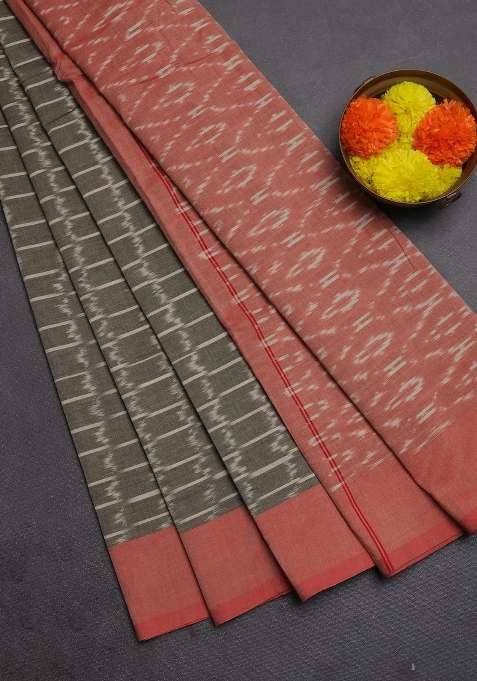 Ikat Cotton Saree Grey And Red With Allover Ikat Weaves And Simple Border With Traditional Woven Design For Women