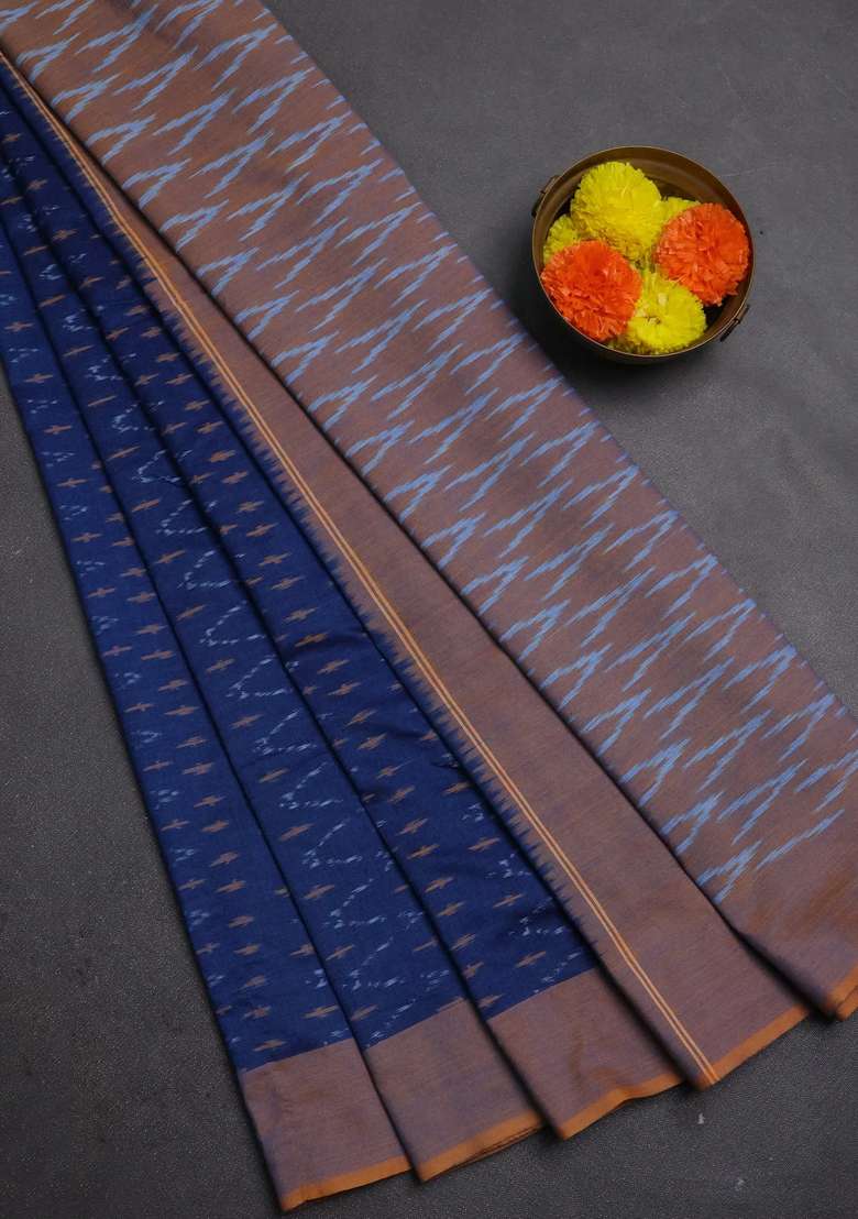 Ikat Cotton Saree Peacock Blue And Mustard Yellow With Allover Ikat Weaves And Simple Border With Traditional Woven Design For Women - Indya