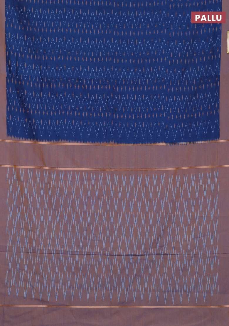 Ikat Cotton Saree Peacock Blue And Mustard Yellow With Allover Ikat Weaves And Simple Border With Traditional Woven Design For Women - Indya