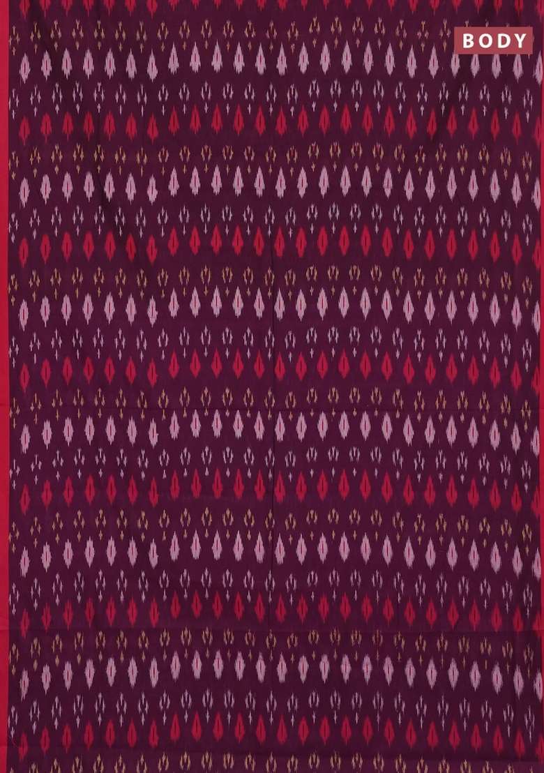 Ikat Cotton Saree Deep Wine Shade And Red With Allover Ikat Woven Butta Weaves And Simple Border With Buttas And Brocade Design For Women - Indya
