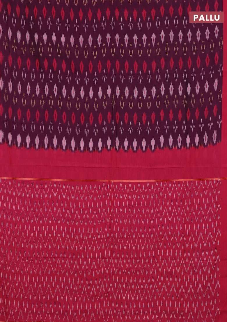 Ikat Cotton Saree Deep Wine Shade And Red With Allover Ikat Woven Butta Weaves And Simple Border With Buttas And Brocade Design For Women - Indya