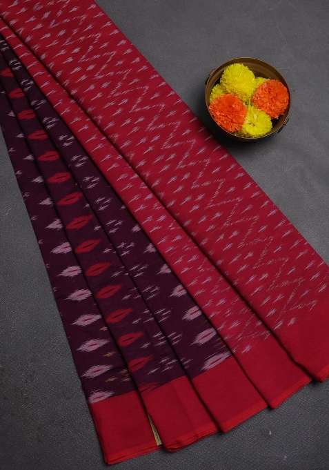 Ikat Cotton Saree Deep Wine Shade And Red With Allover Ikat Woven Butta Weaves And Simple Border With Buttas And Brocade Design For Women