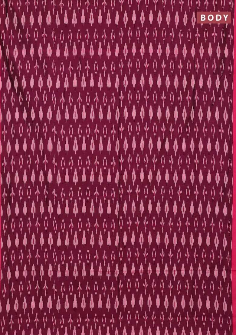 Ikat Cotton Saree Deep Wine Shade And Pink With Allover Ikat Woven Butta Weaves And Simple Border With Buttas And Brocade Design For Women - Indya