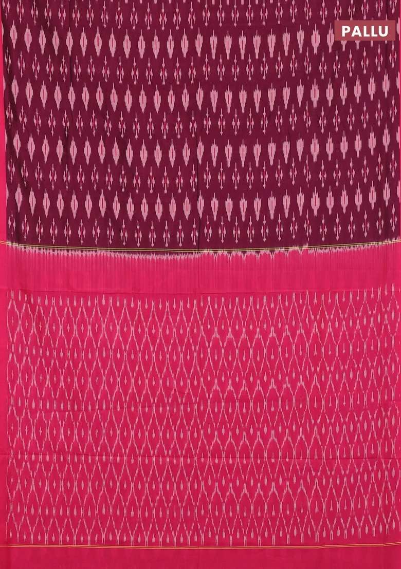 Ikat Cotton Saree Deep Wine Shade And Pink With Allover Ikat Woven Butta Weaves And Simple Border With Buttas And Brocade Design For Women - Indya