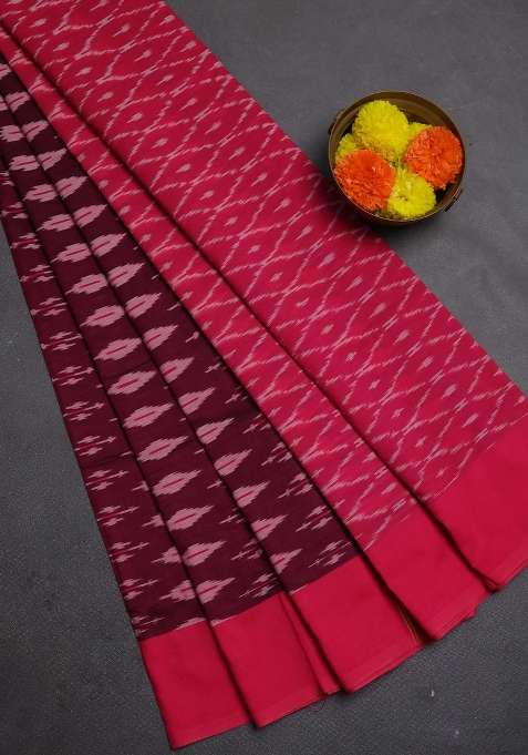 Ikat Cotton Saree Deep Wine Shade And Pink With Allover Ikat Woven Butta Weaves And Simple Border With Buttas And Brocade Design For Women