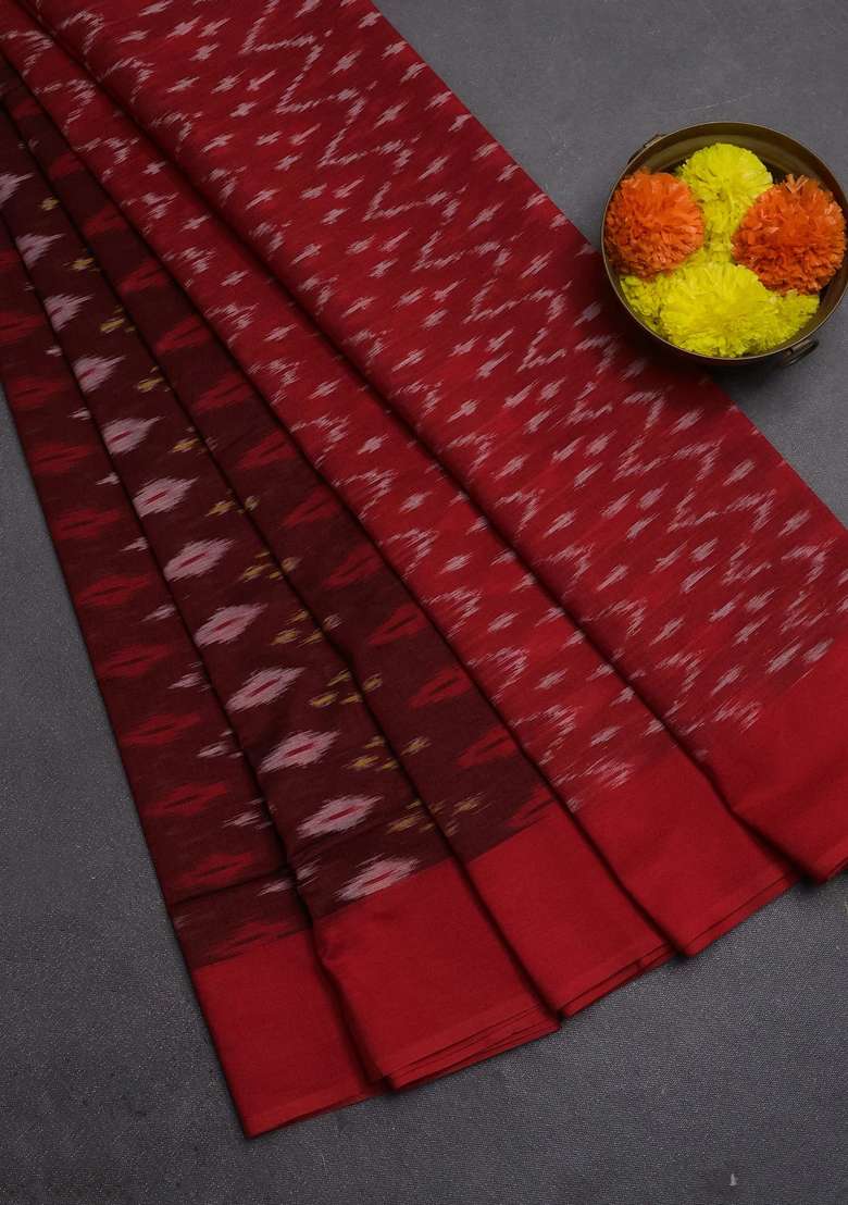 Ikat Cotton Saree Deep Maroon And Red With Allover Ikat Weaves And Simple Border With Traditional Woven Design For Women - Indya