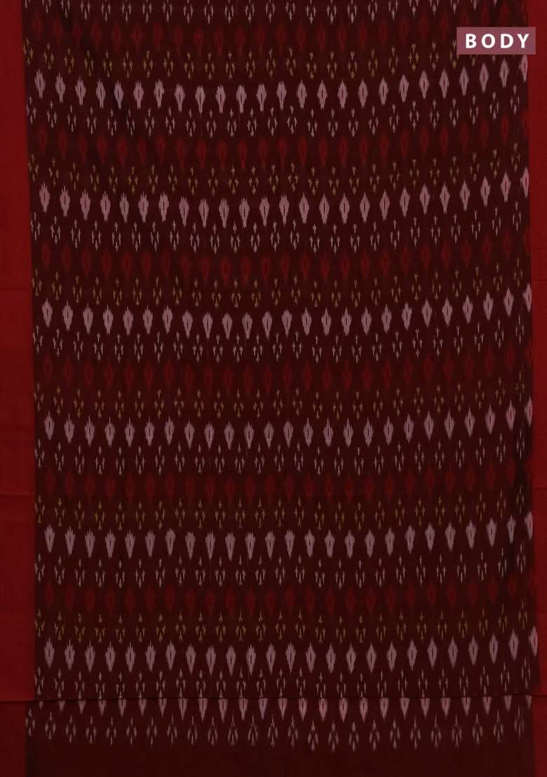 Ikat Cotton Saree Deep Maroon And Red With Allover Ikat Weaves And Simple Border With Traditional Woven Design For Women - Indya
