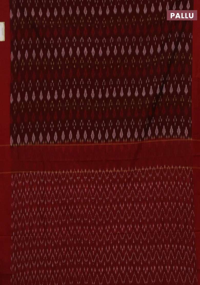 Ikat Cotton Saree Deep Maroon And Red With Allover Ikat Weaves And Simple Border With Traditional Woven Design For Women - Indya